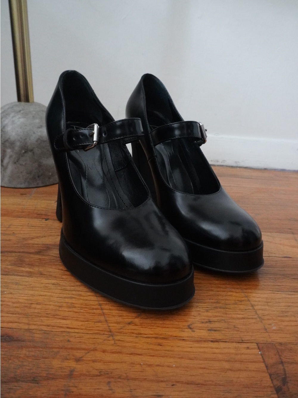 Agl Black Leather Mary Jane Platform Pumps